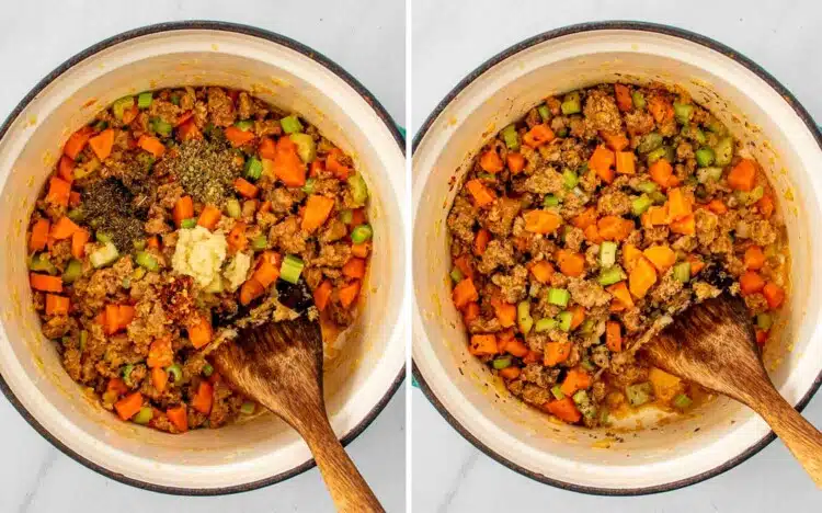 process shots showing how to make sausage and white bean soup.