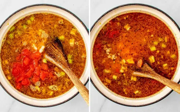 process shots showing how to make sausage and white bean soup.