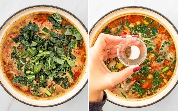 process shots showing how to make sausage and white bean soup.