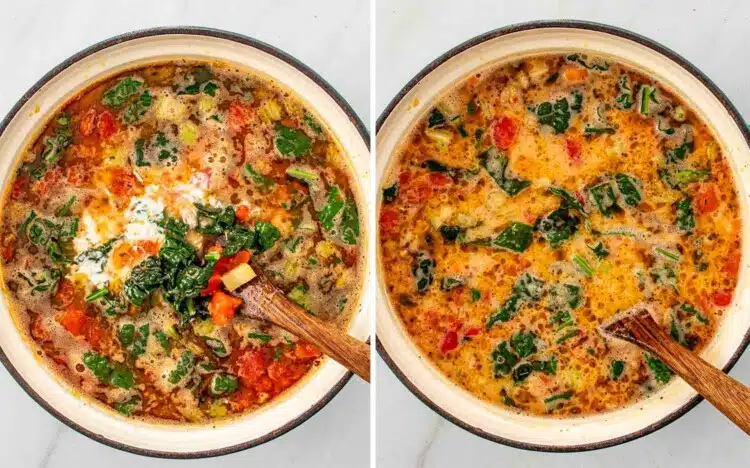 process shots showing how to make sausage and white bean soup.