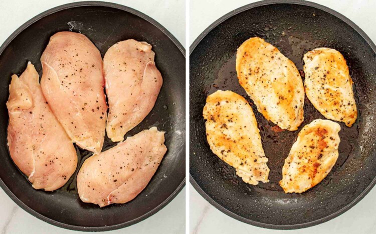 process shots showing how to make texas roadhouse smothered chicken.