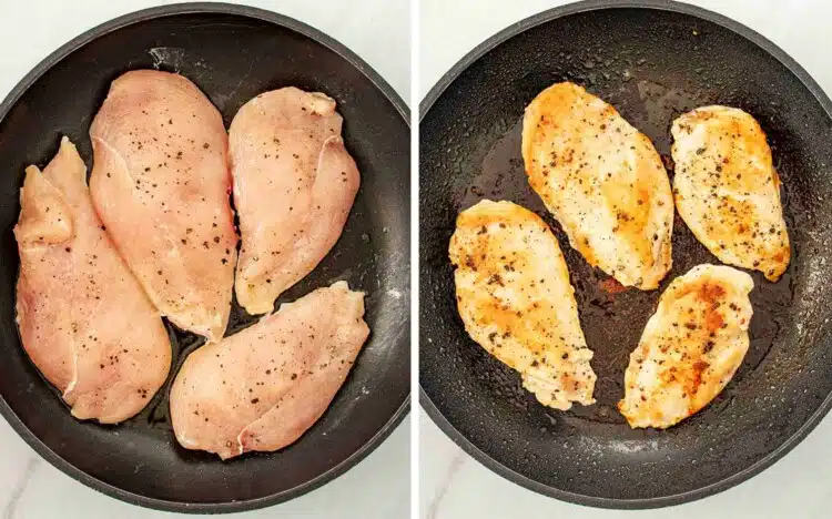 process shots showing how to make texas roadhouse smothered chicken.