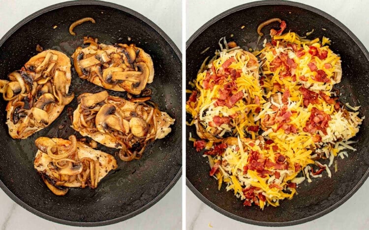 process shots showing how to make texas roadhouse smothered chicken.