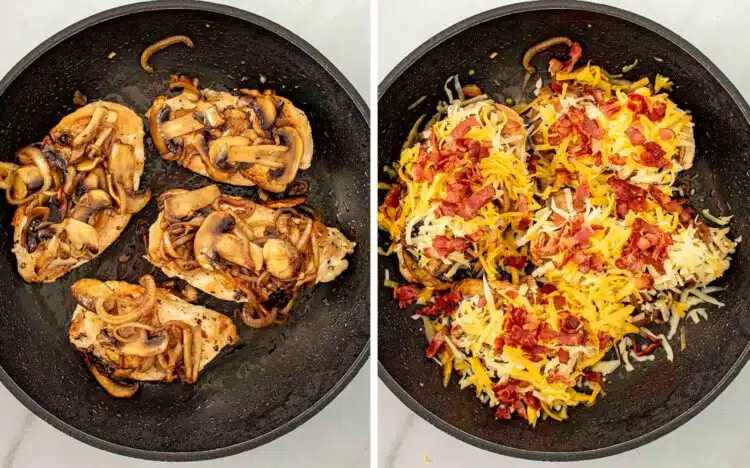 process shots showing how to make texas roadhouse smothered chicken.