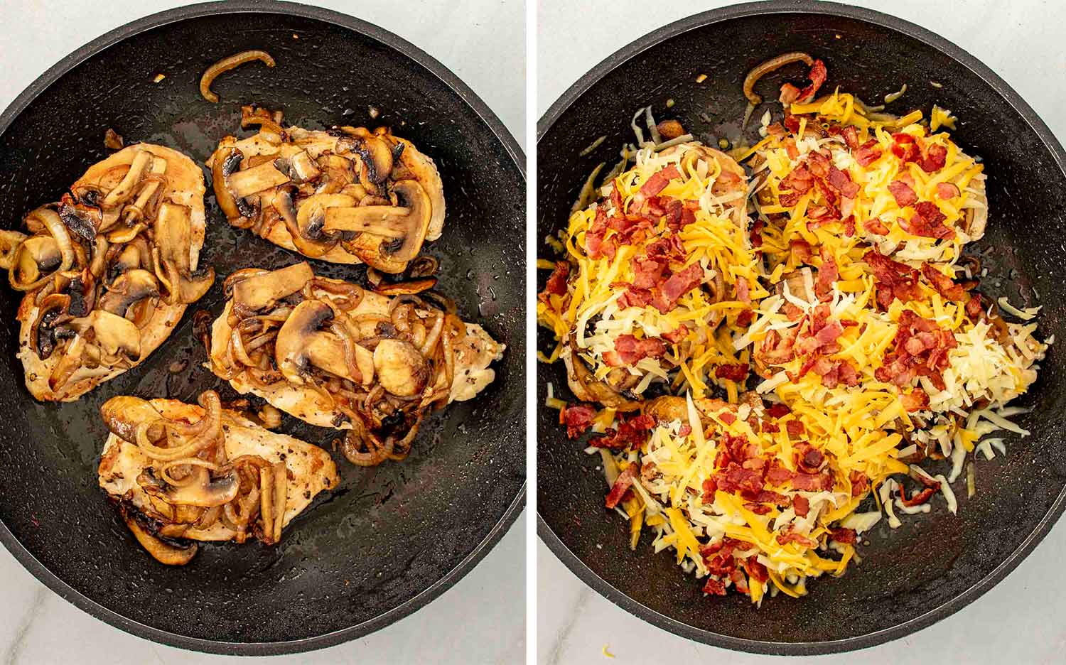 process shots showing how to make texas roadhouse smothered chicken.
