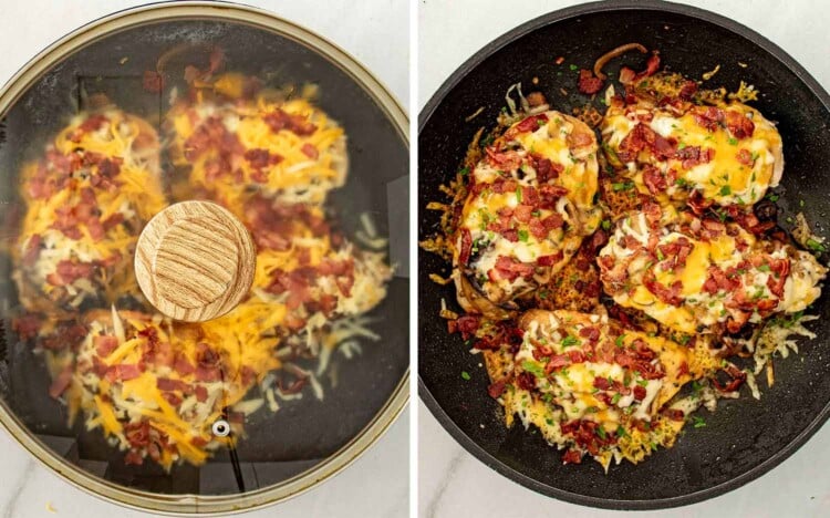 process shots showing how to make texas roadhouse smothered chicken.