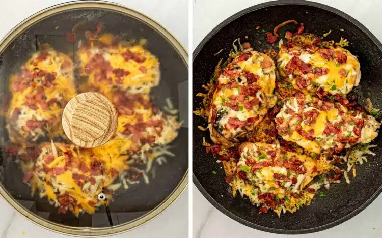 process shots showing how to make texas roadhouse smothered chicken.