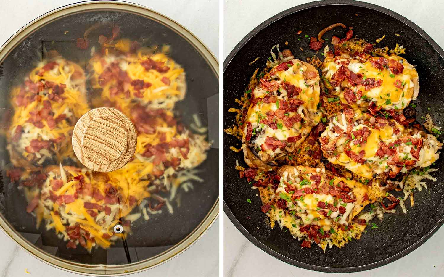 process shots showing how to make texas roadhouse smothered chicken.