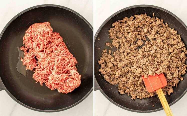 process shots showing how to make beef enchilada casserole.