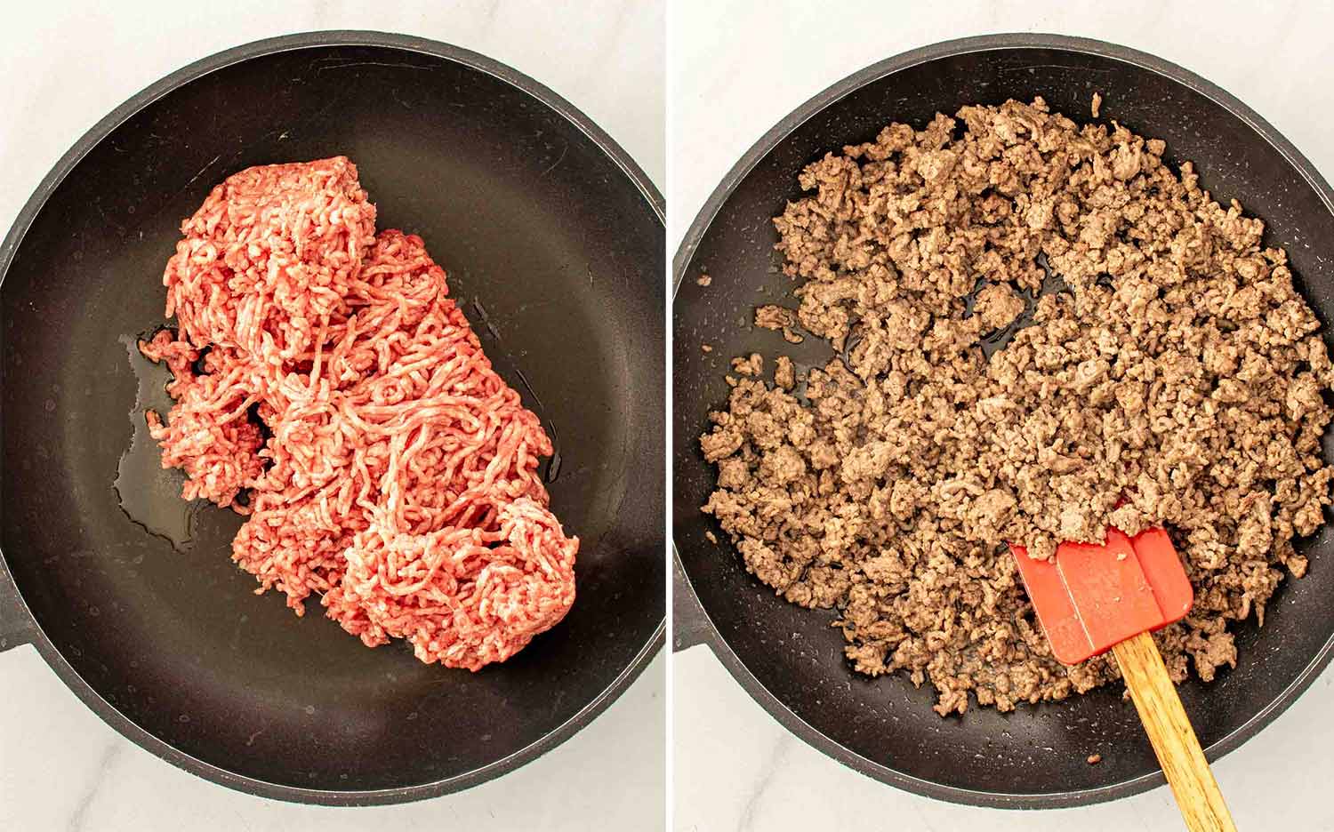 process shots showing how to make beef enchilada casserole.