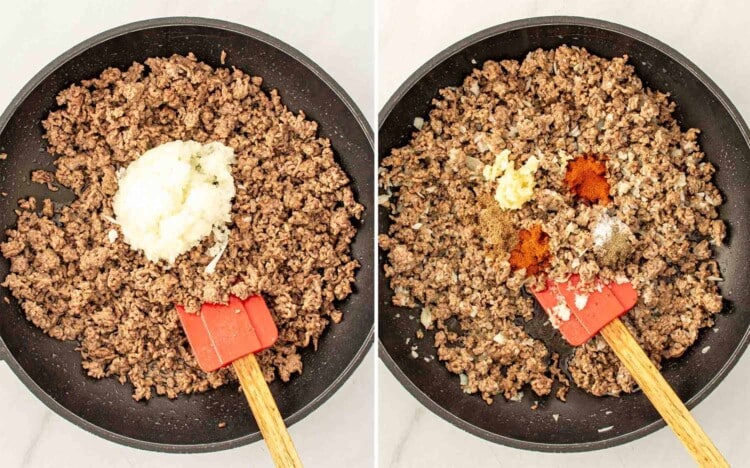 process shots showing how to make beef enchilada casserole.