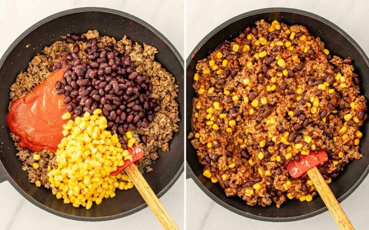 process shots showing how to make beef enchilada casserole.