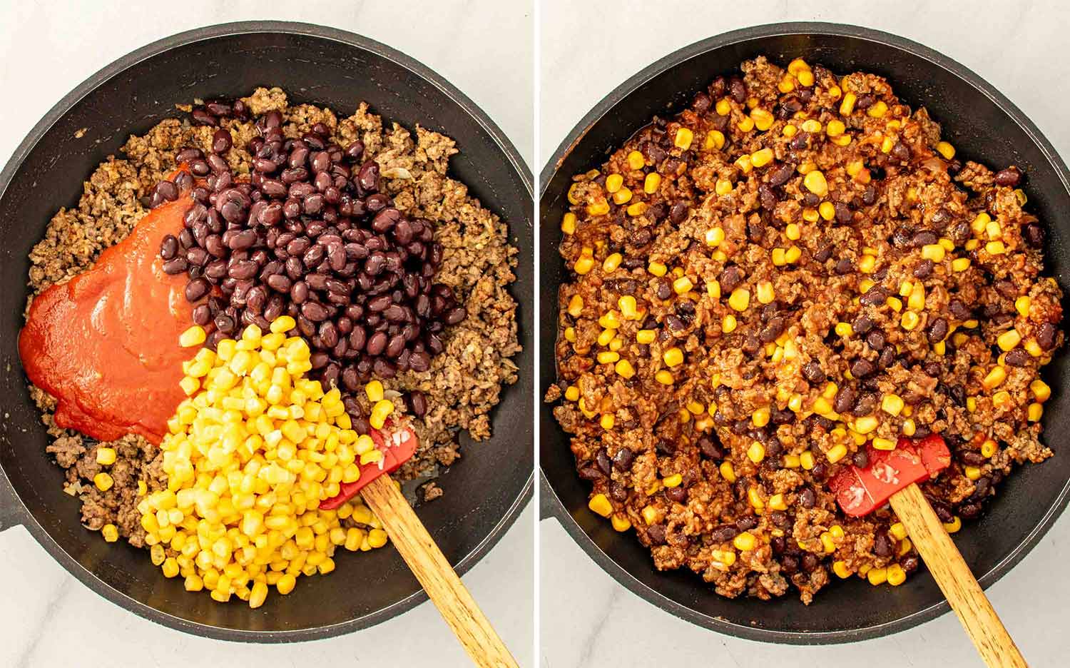 process shots showing how to make beef enchilada casserole.