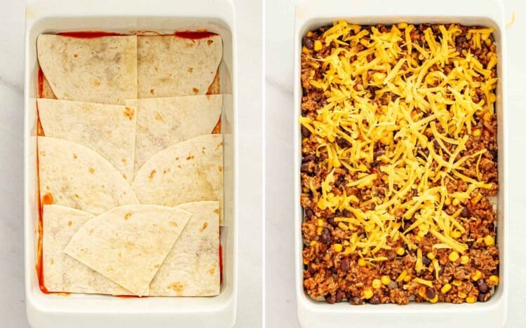 process shots showing how to make beef enchilada casserole.