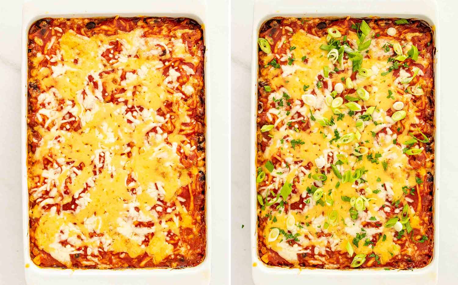 process shots showing how to make beef enchilada casserole.