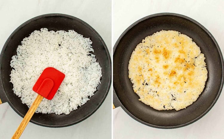 process shots showing how to make crispy rice cucumber salad.