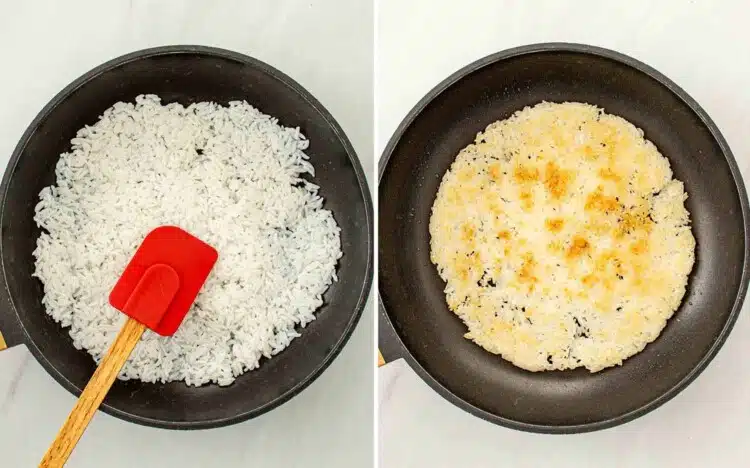 process shots showing how to make crispy rice cucumber salad.
