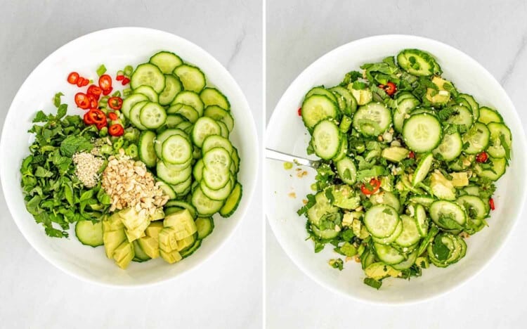 process shots showing how to make crispy rice cucumber salad.