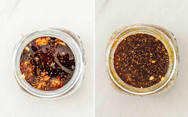 process shots showing how to make crispy rice cucumber salad.