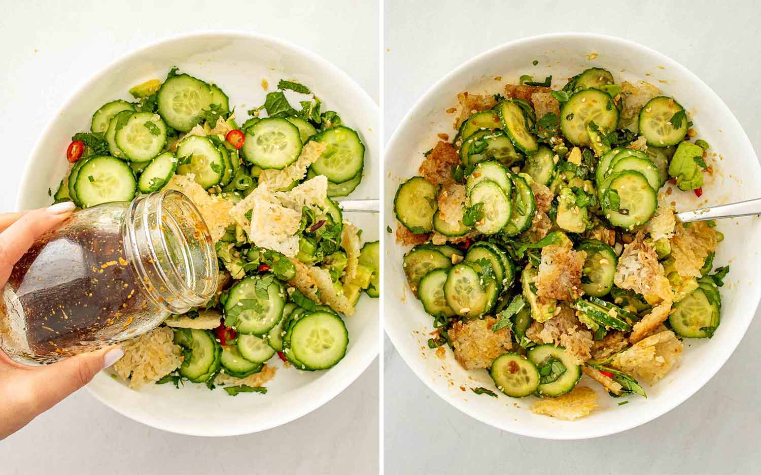 process shots showing how to make crispy rice cucumber salad.