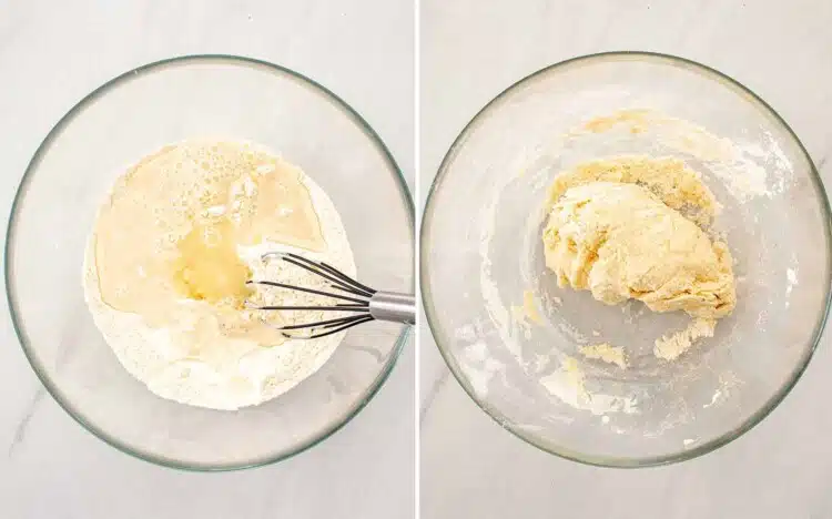 process shots showing how to make khachapuri.