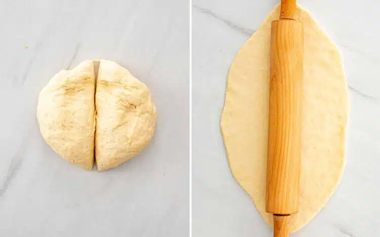 process shots showing how to make khachapuri.