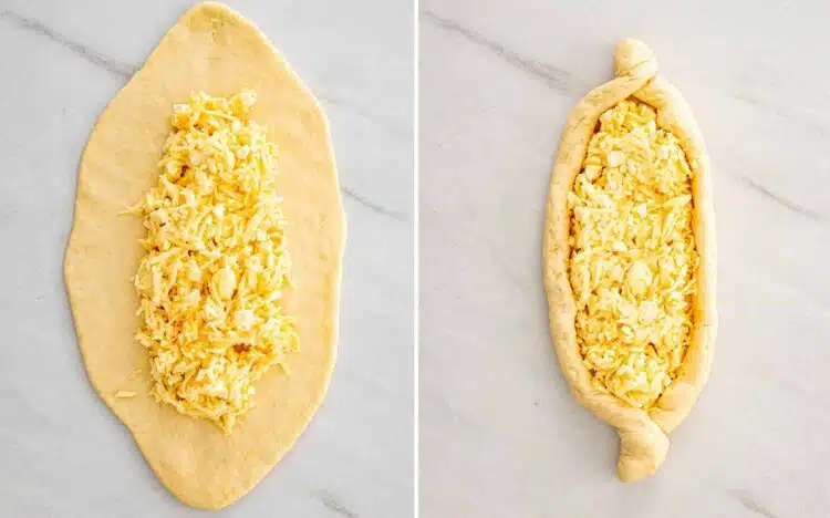 process shots showing how to make khachapuri.