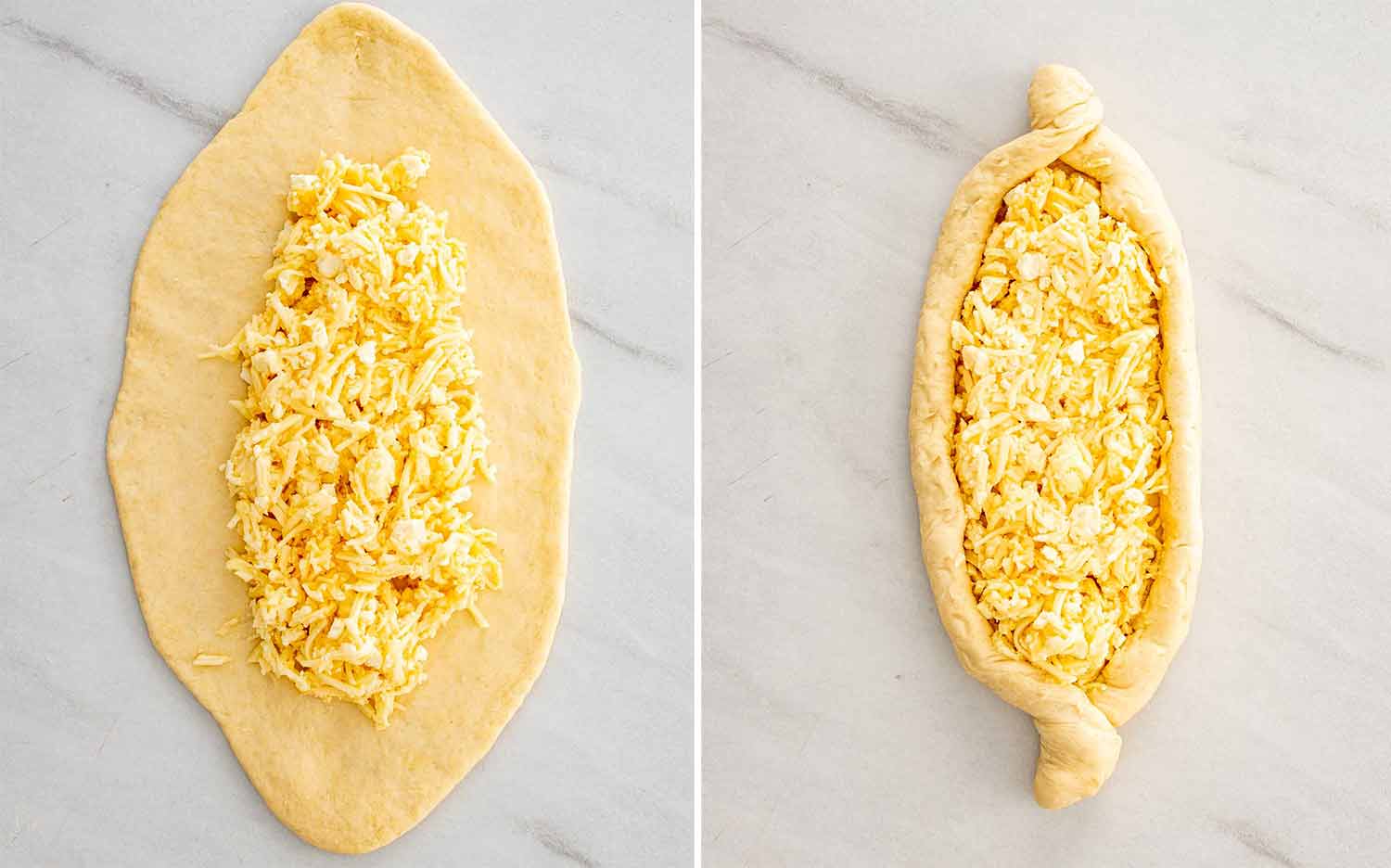 process shots showing how to make khachapuri.