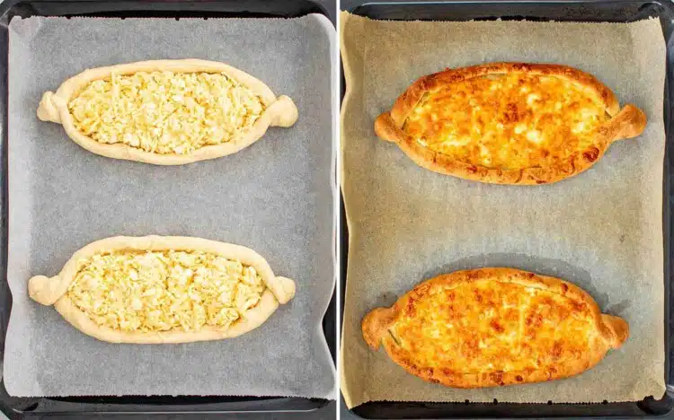 process shots showing how to make khachapuri.