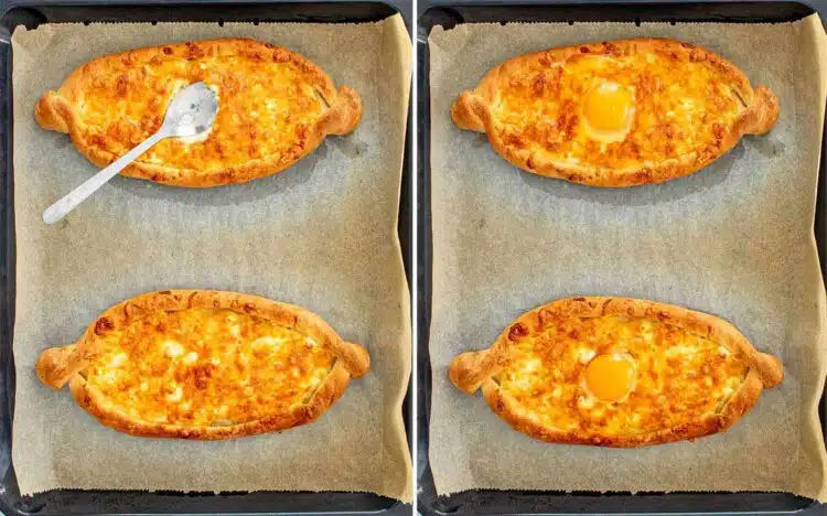 process shots showing how to make khachapuri.