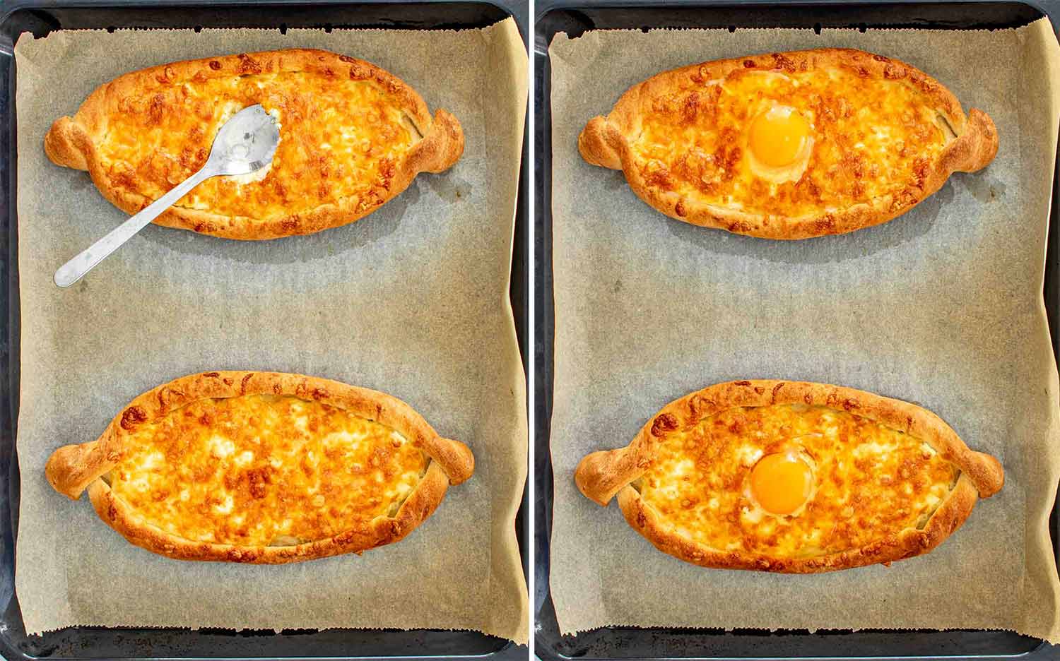 process shots showing how to make khachapuri.