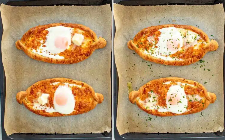 process shots showing how to make khachapuri.