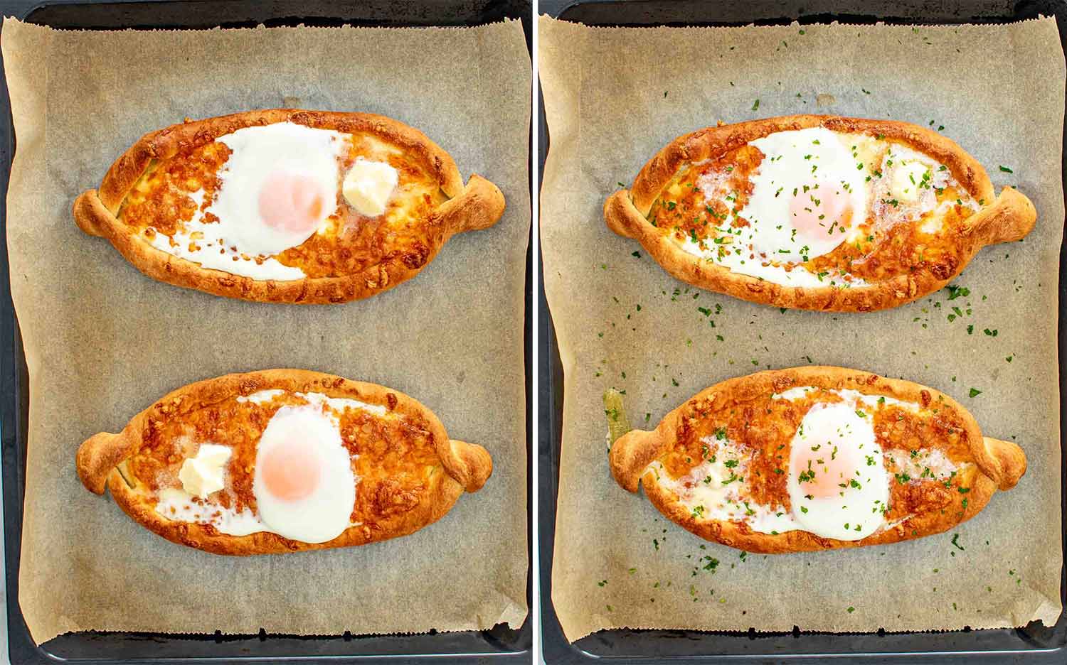 process shots showing how to make khachapuri.