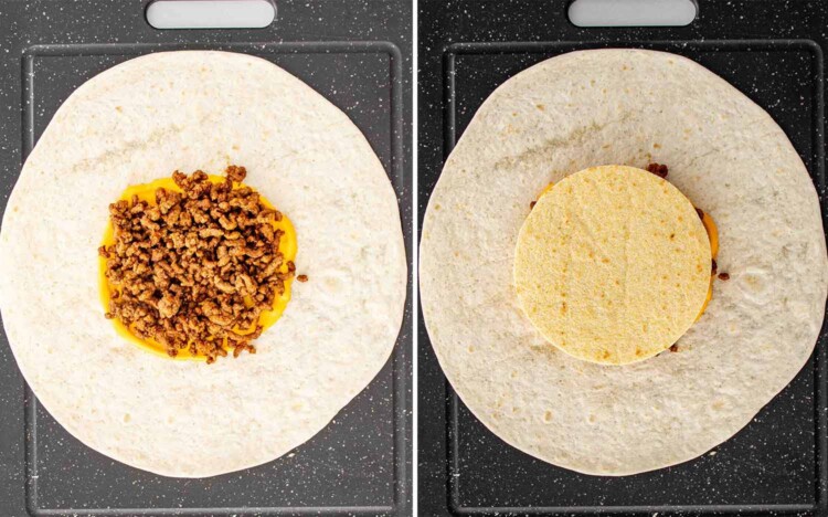 process shots showing how to make taco bell crunchwrap supreme.