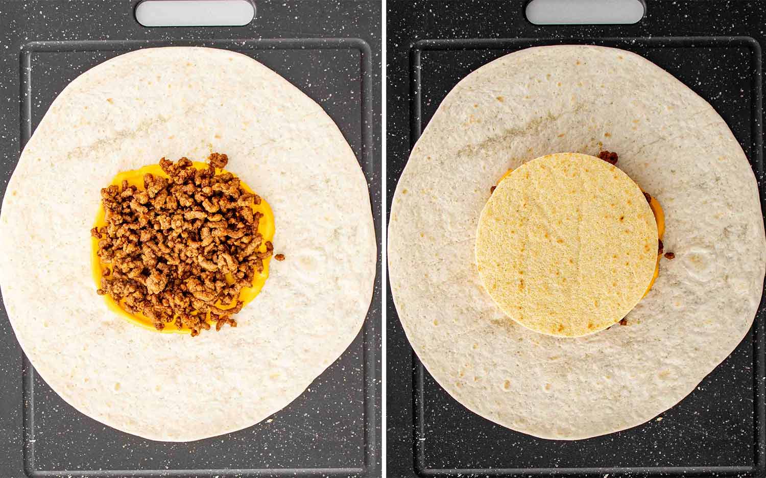 process shots showing how to make taco bell crunchwrap supreme.