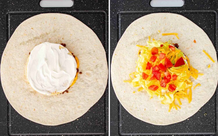 process shots showing how to make taco bell crunchwrap supreme.