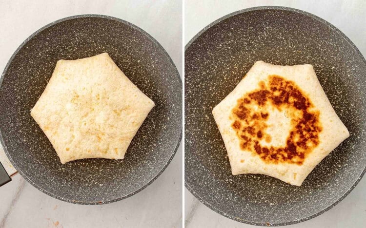 process shots showing how to make taco bell crunchwrap supreme.
