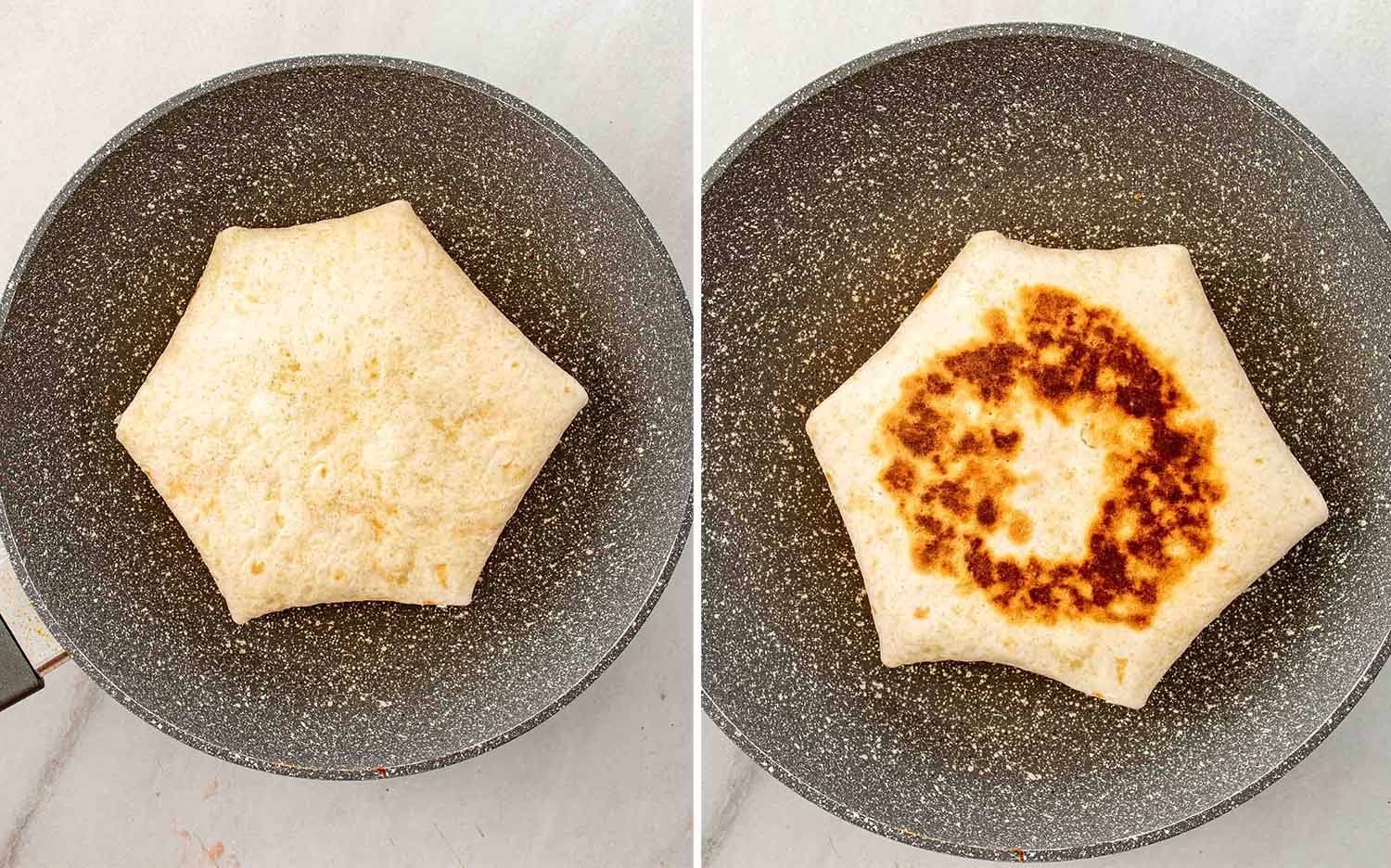 process shots showing how to make taco bell crunchwrap supreme.