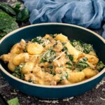 Bowl of creamy gnocchi with sausage and kale topped with grated Parmesan and served with a spoon. 4. Slightly wider bowl shot