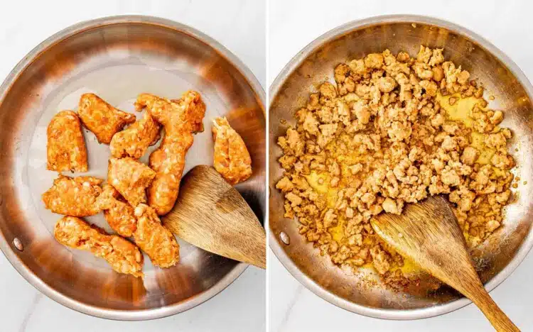 process shots showing how to make skillet gnocchi with sausage and kale.