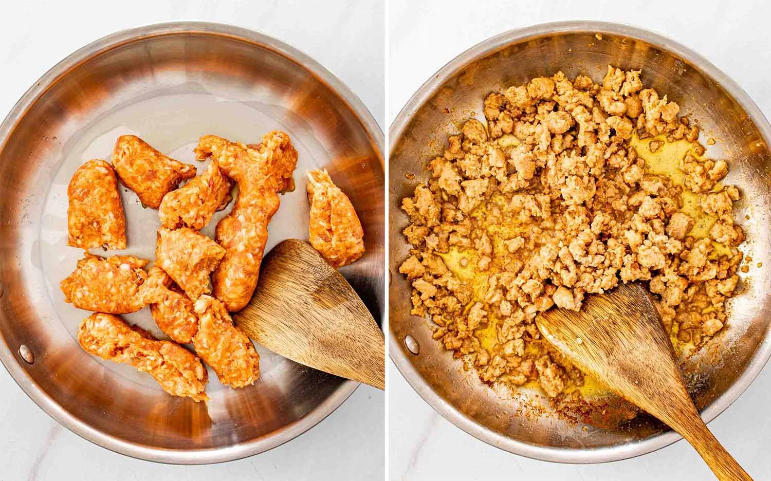 process shots showing how to make skillet gnocchi with sausage and kale.