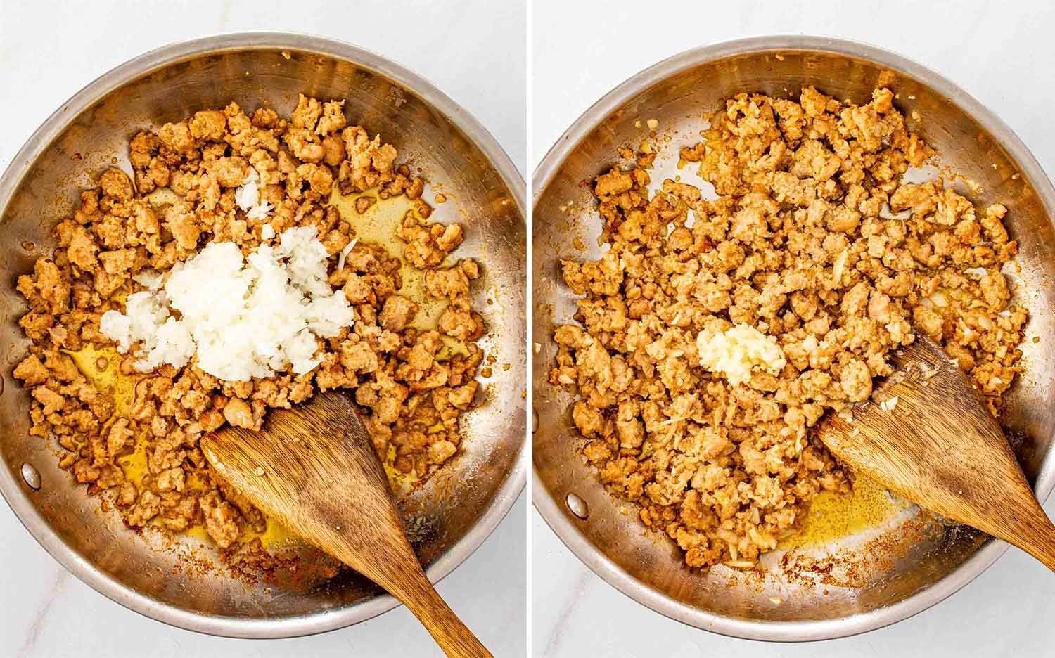 process shots showing how to make skillet gnocchi with sausage and kale.