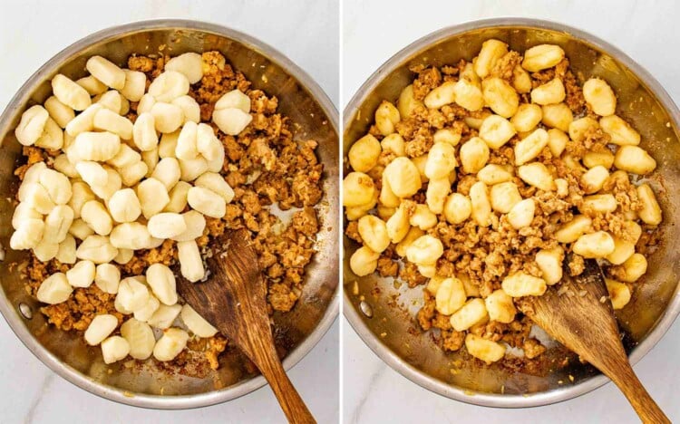 process shots showing how to make skillet gnocchi with sausage and kale.