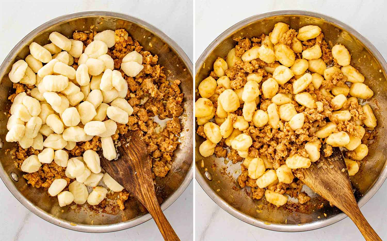 process shots showing how to make skillet gnocchi with sausage and kale.