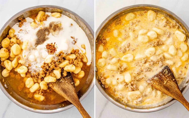 process shots showing how to make skillet gnocchi with sausage and kale.