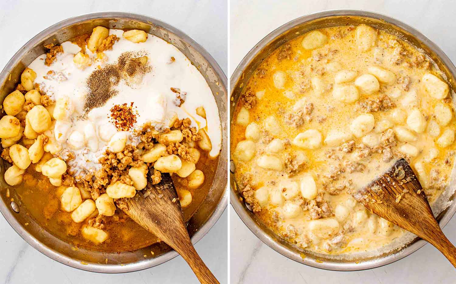 process shots showing how to make skillet gnocchi with sausage and kale.