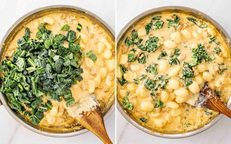 process shots showing how to make skillet gnocchi with sausage and kale.