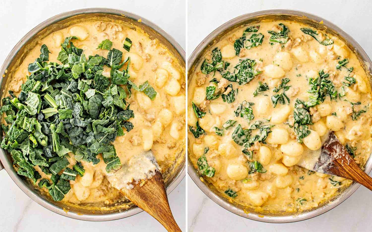 process shots showing how to make skillet gnocchi with sausage and kale.