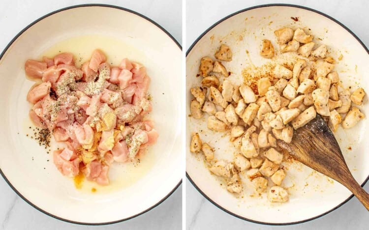 process shots showing how to make chicken parmesan pasta skillet.