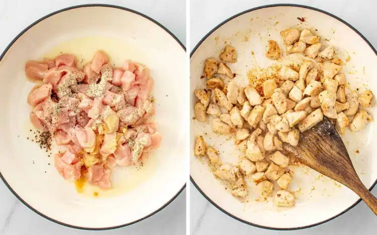 process shots showing how to make chicken parmesan pasta skillet.